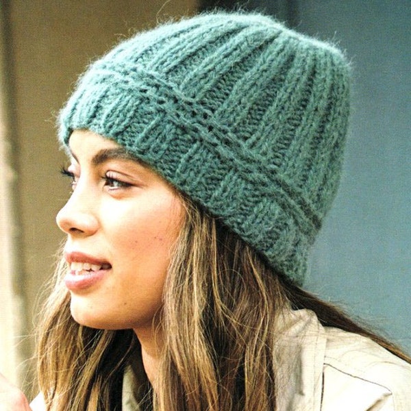 Super Easy Knitted Beanie Rib Hat One Size ~ Aran 10 Ply Worsted Wool Knitting Pattern  PDF Instant download