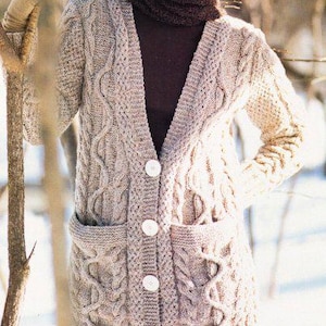Ladies Long Lenght Jacket Cardigan Pockets Diamond Cable