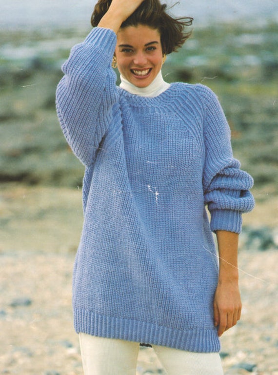 Womens Aran Wool Ribbed Fancy Round Neck Sweater Tunic 32 42 PDF Instant download Aran 10 Ply Light Worsted Knitting Pattern