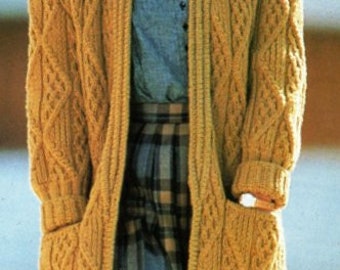 Ladies Womans Chunky Longline Long Aran Style Cardigan Coat Jacket  Knitting Pattern 36" -44"  ~   Knitting Pattern PDF Instant download