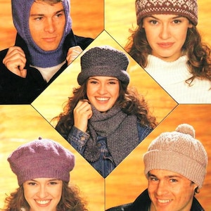 Puede incluir: Un collage de sombreros de punto en varios estilos y colores. Se muestra un pasamontañas morado, un gorro marrón con un patrón blanco, una boina gris, un sombrero cloche gris y un gorro beige con un pompón. Los modelos llevan los sombreros con ropa de invierno.