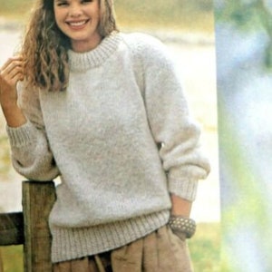 Easy Knit Round Neck Rib Textured Sweater Raglan Sleeve Man Woman  30&quot; - 42&quot;   Chunky 12 Ply Wool Knitting Pattern PDF Instant Download