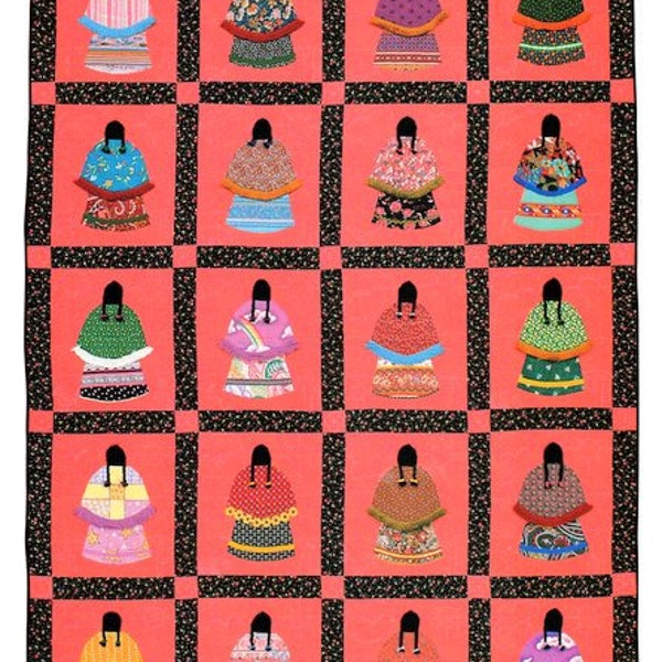 Little Indian Girls Native American Patchwork Blocks Applique Quilt Bedspread Sunbonnet Sue 68" x 95"  ~ Quilt Sewing Pattern PDF download