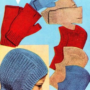 May include: A vintage knitting pattern for fingerless mitts and balaclavas. The pattern is for sizes 5 years to adult and uses 1 to 3 ounces of yarn. The pattern is for double knitting.
