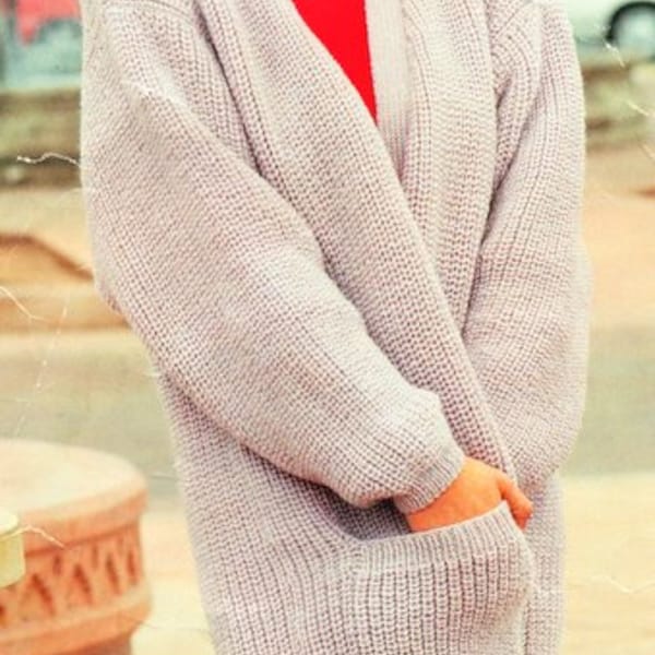 Easy Rib Cardigan Edge to Edge Longline Jacket Pockets Womens Ladies 28-42"  DK 8 Ply Light Worsted pdf instant download