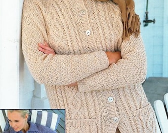 Ladies Aran Cable Cardigan Jacket Longline Long Round Neck or Collar Pockets  32-42" Aran 10 Ply pdf instant download Knitting Pattern