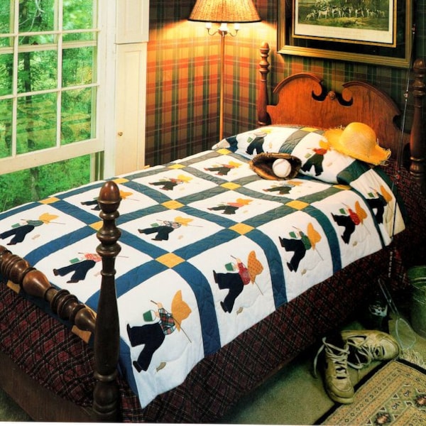 Fisherman Fred Patchwork Blocks Applique Boys Bed Quilt Bedspread Vintage Sunbonnet  73" x 94"  ~ Quilt Sewing Pattern PDF download