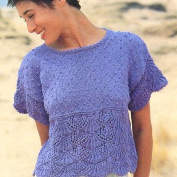 Womens Lacy Short Sleeve Summer Top Round Neck Scallop Edge ~ Cotton DK light Worsted 8Ply ~  Knitting Pattern PDF Instant download