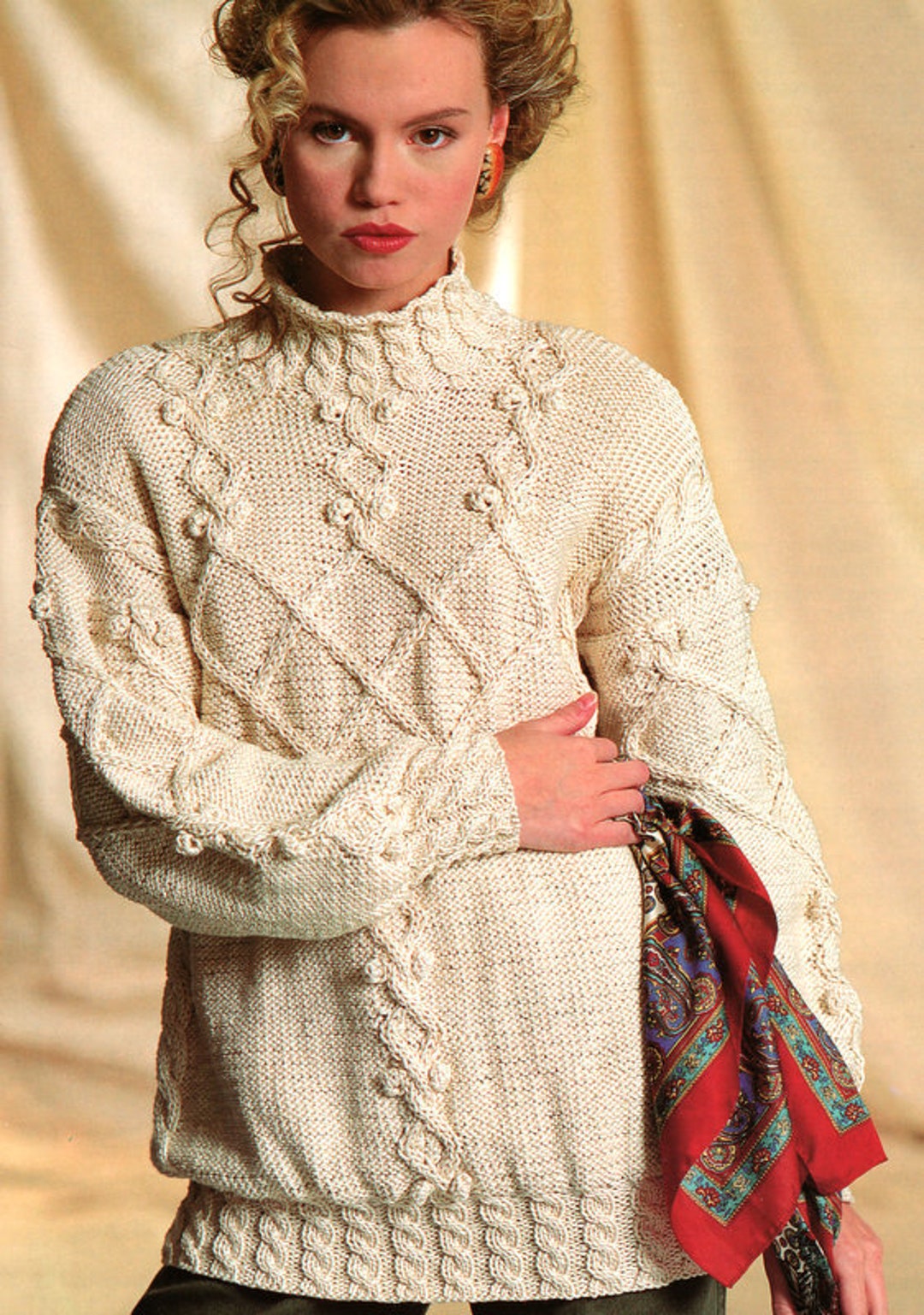 Womans Ladies Aran Wool/cotton Lace & Bobble Sweater Stand up Collar 32 ...
