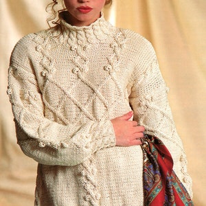 Womans Ladies Aran Wool/Cotton Lace & Bobble Sweater Stand Up Collar 32"- 42" Aran Knitting Pattern PDF Instant download