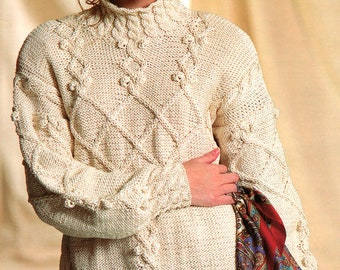 Womans Ladies Aran Wool/Cotton Lace & Bobble Sweater Stand Up Collar 32"- 42" Aran Knitting Pattern PDF Instant download