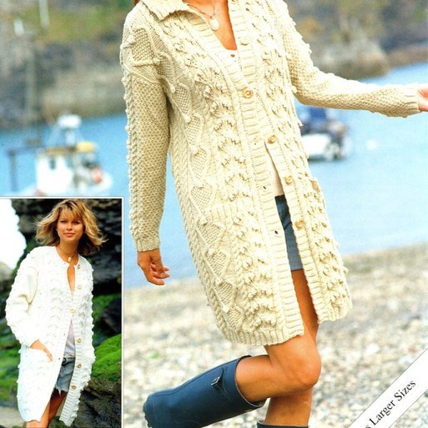 Larger Sizes Womans Ladies Aran Coat Jacket Collar & Round Neck Pockets  - 32" - 54"  ~ Aran Knitting Pattern PDF Instant download