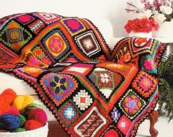 Crochet Granny Square Sampler Afghan Blanket  46" x 55" Worsted Aran Wool Crochet Pattern PDF Instant Download