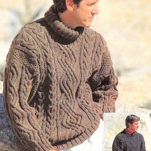 Mens Aran Polo or Crew Round Neck Cable Jumper Traditional Sweater 38&quot;-46&quot;~ Aran 10 Ply Worsted Knitting Pattern PDF Instant download