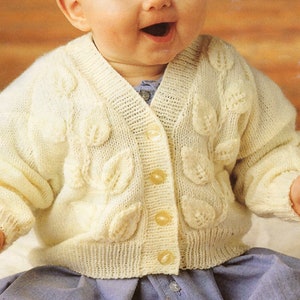 Leaf Pattern Baby Girl V Neck Cardigan ~ 16" - 22" ~ 4 ply Vintage Knitting Pattern PDF Digital Download