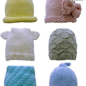 May include: Six knitted baby hats in different colors and styles. The hats are made with a variety of stitches and textures. The hats are all in neutral colors, including yellow, pink, white, green, blue, and light blue.