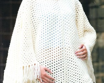 Womens Crochet Aran Poncho Fringed Round Neck 26 - 42" Aran 10 Ply Worsted Crochet Pattern PDF Download