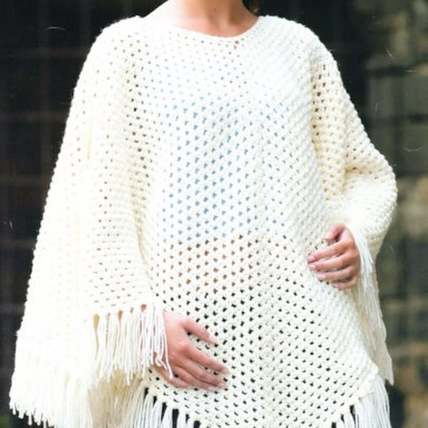 Womens Crochet Aran Poncho Fringed Round Neck 26 - 42" Aran 10 Ply Worsted Crochet Pattern PDF Download