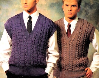 Mens Cabled V Neck Sleeveless Slipover Vest Waistcoat Pullover 34" - 44"  DK 8 Ply Light Worsted  Knitting Pattern PDF Download