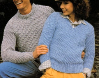 Easy Round & V Neck Moss Stitch Raglan Sweater Womens Mens 32"- 46" ~  Chunky 12 Ply Knitting Pattern PDF Instant download
