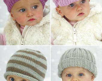 May include: Four babies wearing different knitted hats. The hats are in pink, grey, and brown and white stripes. The text "Birth to 6 years" is visible in the top right corner of the image.