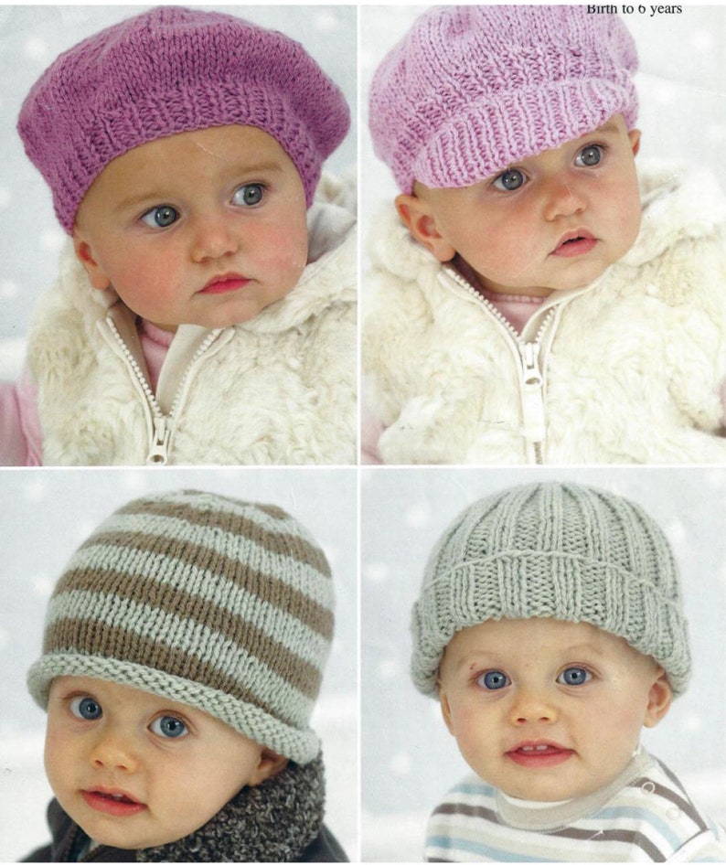 Easy Knit Aran Hats Cap Beret Baby Child Boy Girl 0 to 6 years Aran Knitting Pattern PDF Instant download image 1