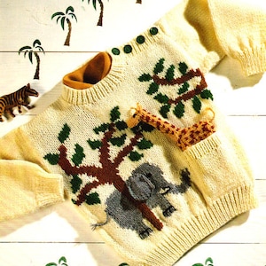 Sweater Baby Children Knitting Pattern Jungle Animal Sweater Giraffe Elephant and Giraffe Toy 20&quot;- 26&quot; 1-7 yrs 8 Ply DK PDF Instant download