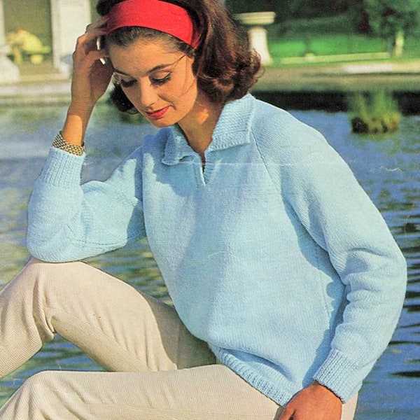 Vintage Shirt Collar Sweater Women's 32" - 38"  DK 8 Ply Light Worsted Knitting  Pattern Instant PDF Download Womens Pattern