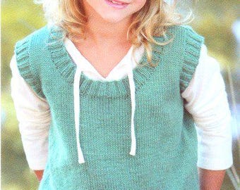 Easy Girls & Womens V or Round Neck Top Sleeveless Sweater Vest Slipover 28"-44" DK 8 Ply Light Worsted Wool Knitting Pattern PDF download