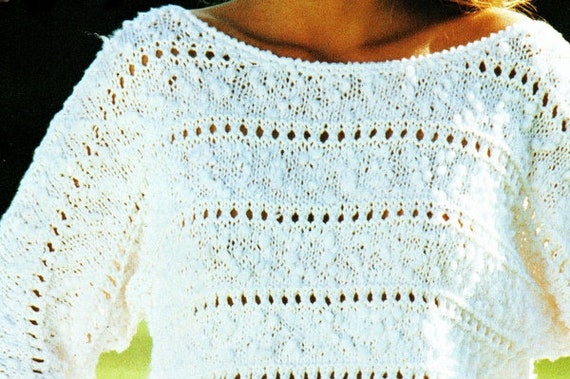 Womens Eyelet Openwork Striped Sweater Boat Neck 34