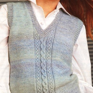 Easy V Neck Top Vest Slipover Sleeveless Pullover Cable Panel Womens 32 -42&quot; DK 8 Ply Light Worsted Knitting Pattern PDF instant download