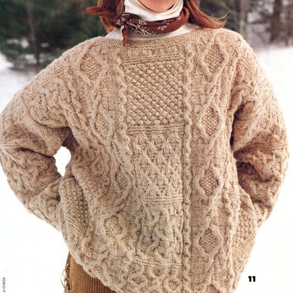 Womens Aran Patchwork Sampler Sweater ~ S/M/L ~ Aran 10 Ply Worsted Knitting Pattern PDF Instant download