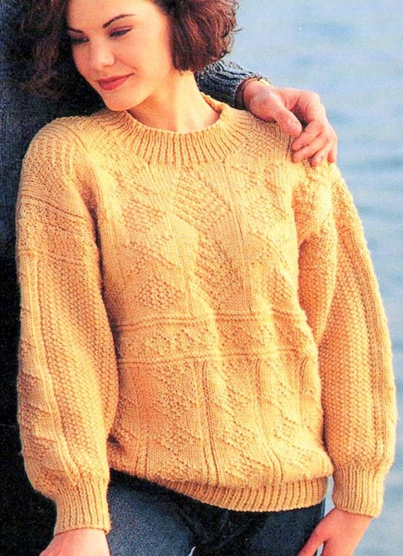 Mens & Womens Aran Textured Crew or Polo Neck Drop Sleeve Sweater