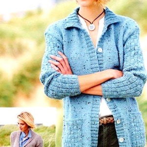 Womens Easy Knit Jacket Cardigan Collar Pockets Belt Basketweave  32-42" Knitting Pattern PDF Instant download