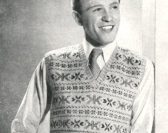 Vintage 1940's Mens Fair Isle Sleeveless Pullover Slipover in 3 colours 3 Ply 40"   Knitting Pattern PDF Instant Download