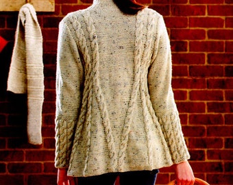 Womans Ladies Aran A Line Cable Swing Jacket 34" 56" ~ Aran 10 Ply Worsted Knitting Pattern PDF Instant download