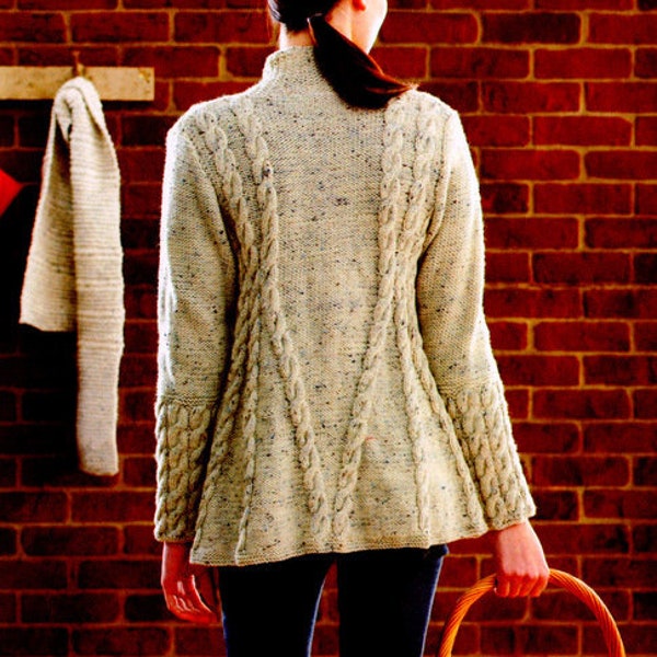 Womans Ladies Aran A Line Cable Swing Jacket 34" 56" ~ Aran 10 Ply Worsted Knitting Pattern PDF Instant download