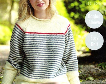 Easy Striped Sweater Jumper Boat Neck or Roll Neck Raglan Sleeve Larger Sizes 32" - 50" DK 8 Ply Light Worsted Knitting Pattern PDF Download