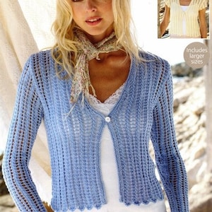 Large Sizes Lacy Summer Jacket Cardigan Short Long Sleeve V Neck Womans Ladies Cotton DK 8 Ply 32&quot; - 54&quot; ~  Knitting Pattern PDF download