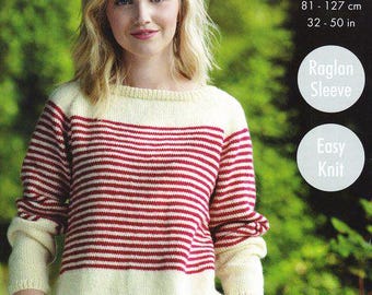Easy Striped Sweater Jumper Boat Neck or Roll Neck Raglan Sleeve Larger Sizes 32" - 50" DK 8 Ply Light Worsted Knitting Pattern PDF Download