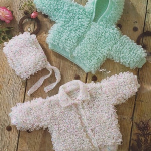 Loopy Hooded Baby Jacket, Collared Cardy & Bonnet  14" - 24" DK Knitting Pattern PDF Instant Download