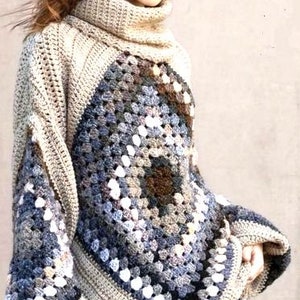 May include: A beige crocheted sweater with a large, colourful granny square pattern. The sweater has a turtleneck and long sleeves.