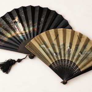 Pair of Large Vintage Folding Fans, Hand Painted, Early 20th Century Oriental Wall Decor
