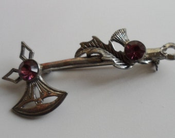 Vintage Scottish Metal Axe Brooch | Viking | Thistle & Amethyst Thistle | 1960's | Scottish Warrior Pin |