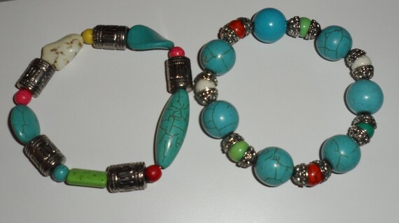 2 Turquoise Beaded Bracelets | Expanding | Very P… - image 2