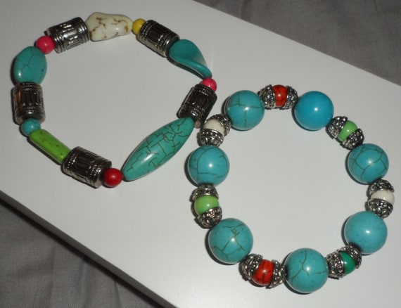 2 Turquoise Beaded Bracelets | Expanding | Very P… - image 4