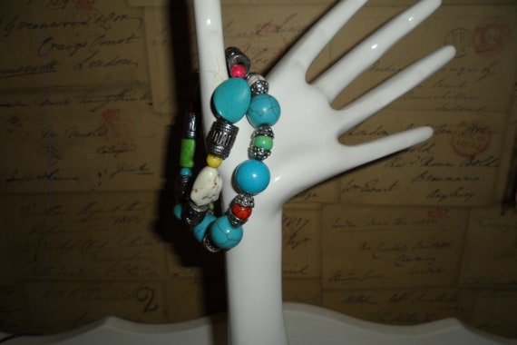 2 Turquoise Beaded Bracelets | Expanding | Very P… - image 1