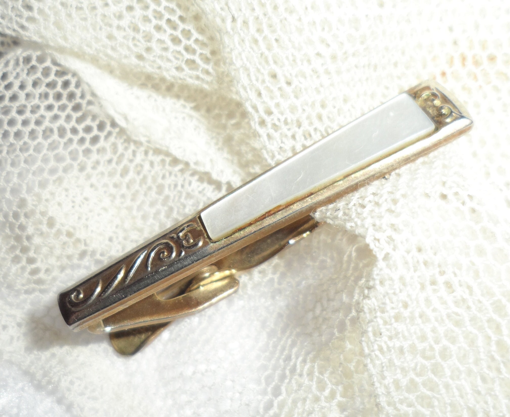 Vintage Tie Pin Nippy Clip Made In England Imitation 1960 s Mother of Pearl Front Etched Celtic Design Tie Clip