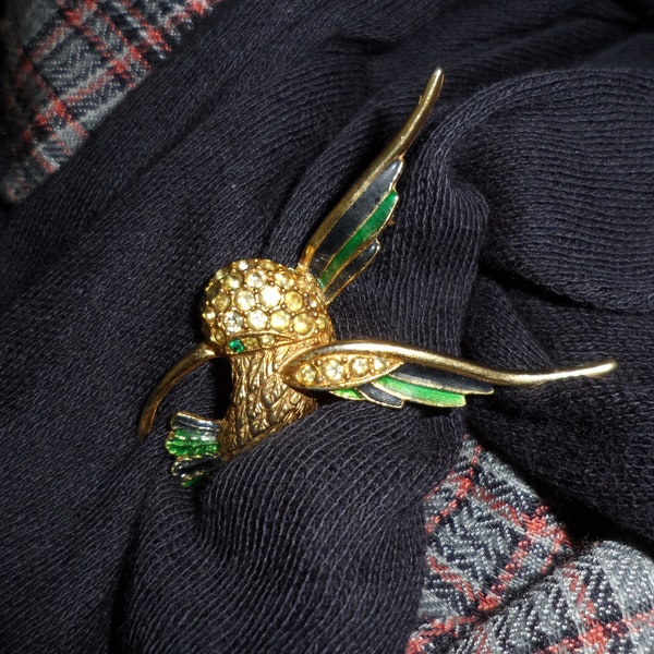 Vintage Sphinx Gold Plated Humming Bird Brooch | Sparkly Rhinestones | Green & Black Enamel Wings and Tail | 1980's