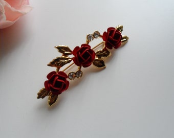 Vintage Red Rose & Rhinestone Flower Brooch | Gold Tone | 1970's |